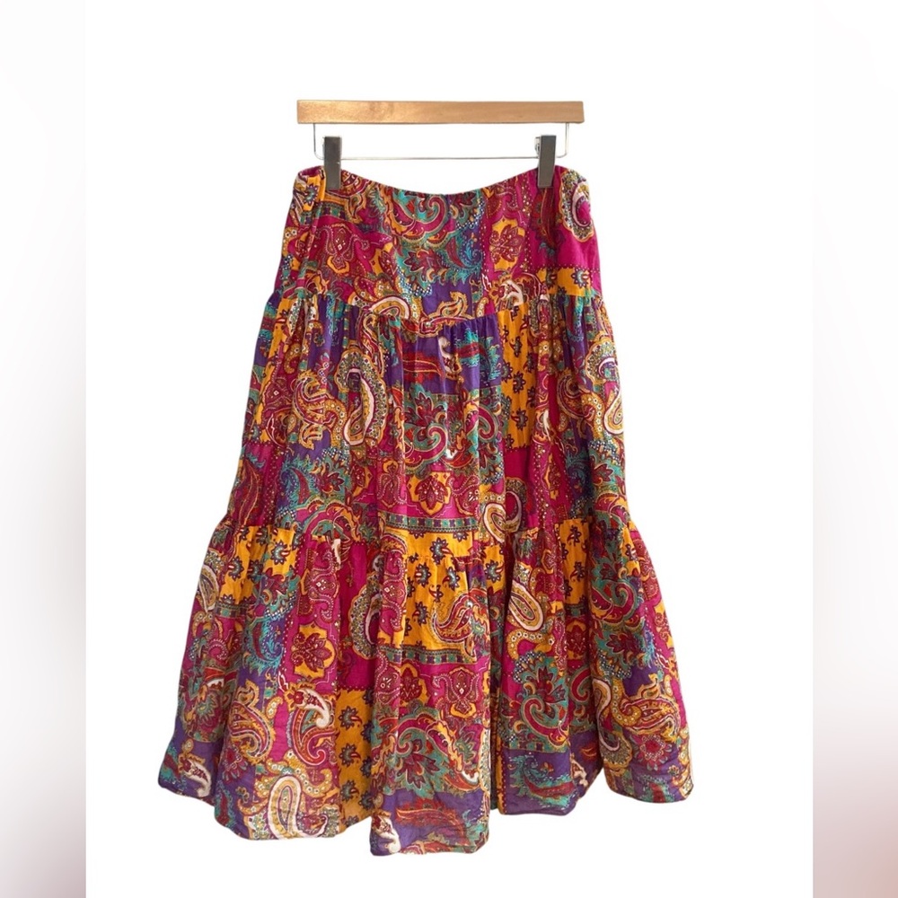 LRL Ralph Lauren Fuchsia Pink, Purple & Gold Paisley Tiered Midi Peasant Skirt
